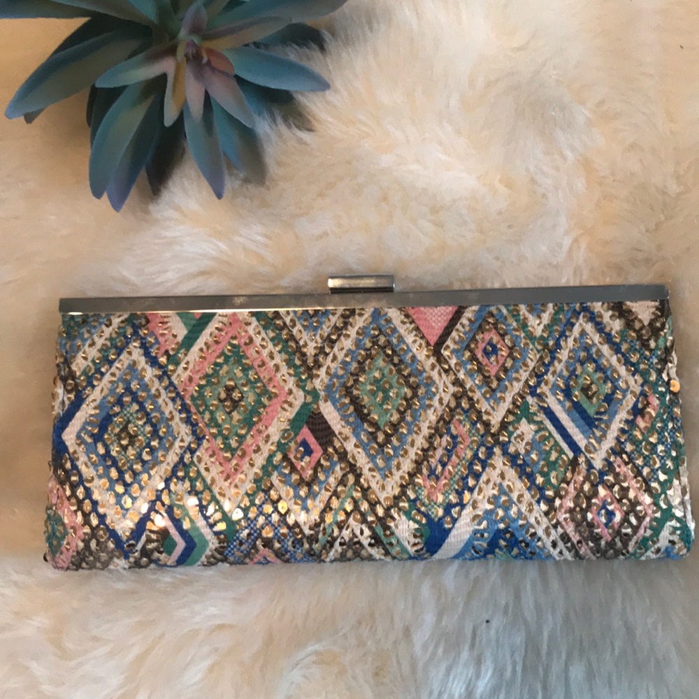 Clutch with geometric and gold sequin detail